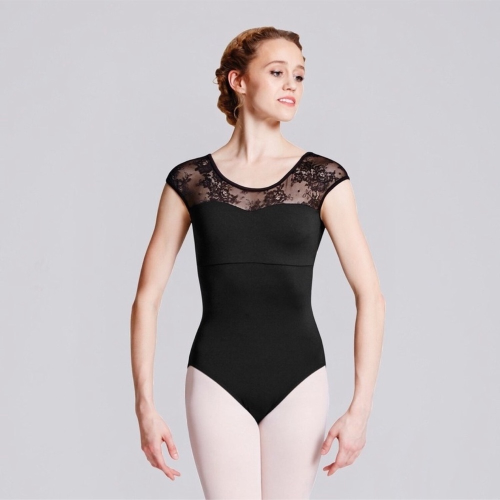 Bloch • Black Hava' Lace and Ribbon Back Cap Sleeve leotard P/XS